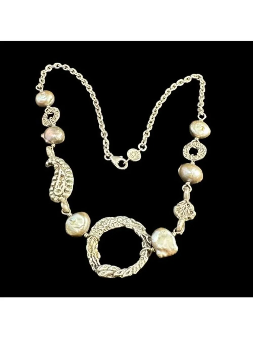 Necklace Signed Liza Shtromberg Sterling Silver Baroque Pearl Oval Chain Link